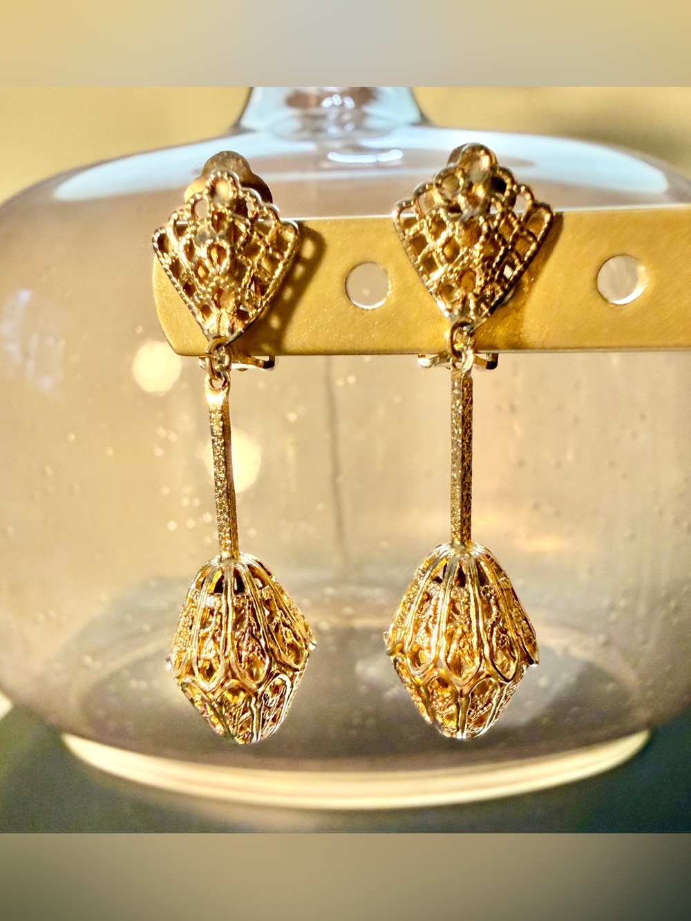 Vintage Signed Lewis Segal Gold Tone Ornate Filagree Dangle Clip On Earrings